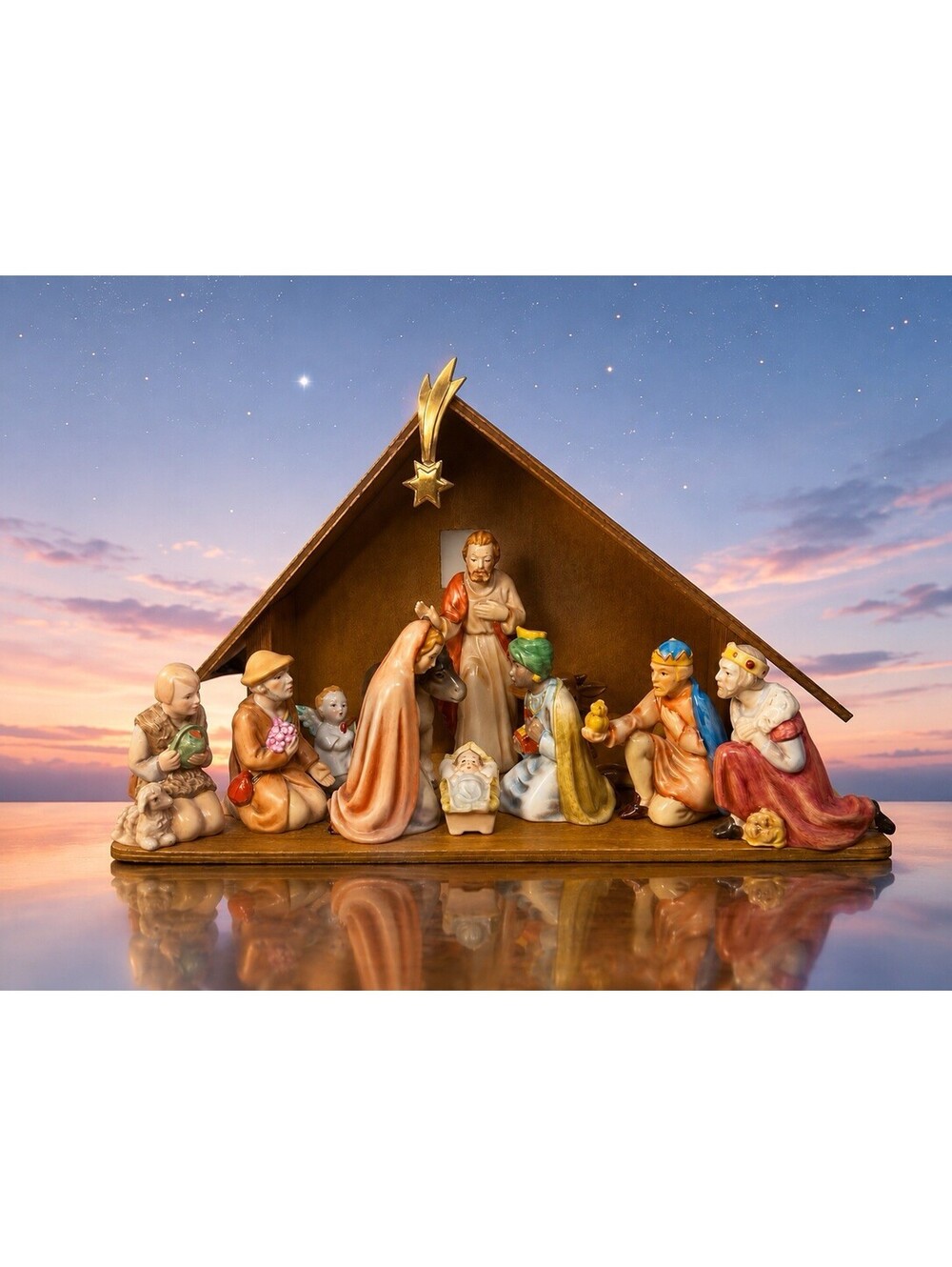 Goebel West Germany 1980s 12-Piece Porcelain Nativity Set With Wood Creche